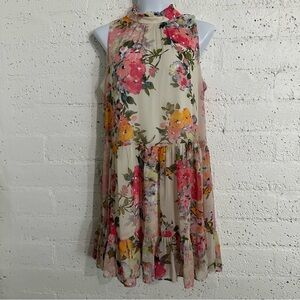 Bleecker 126 Womens Dress L Cream Floral High Neck Chiffon Sleeveless Tiered BF4